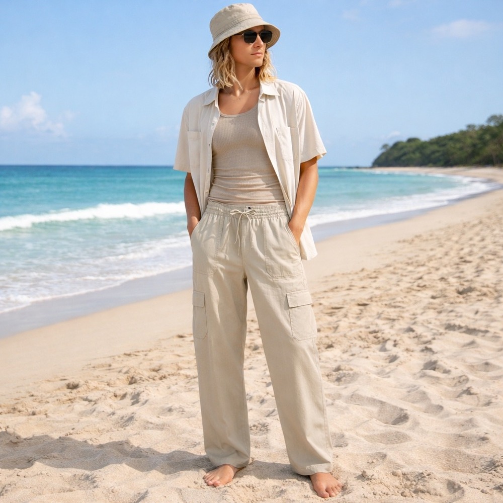 J. Crew Factory Women's BX583 Tan Linen Blend Crop Straight Leg Cargo Pant Sz 16